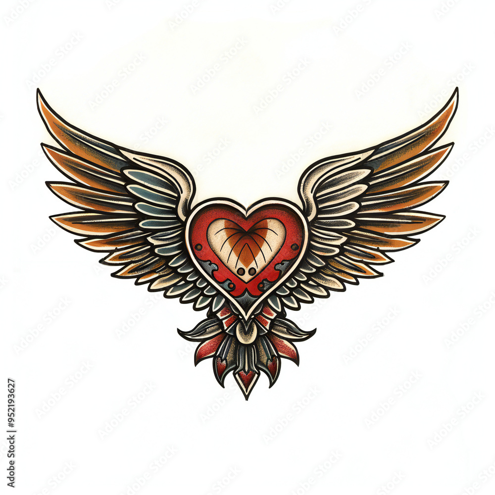 Fototapeta premium Heart and wings head very simple traditional tattoo flash styles illustration