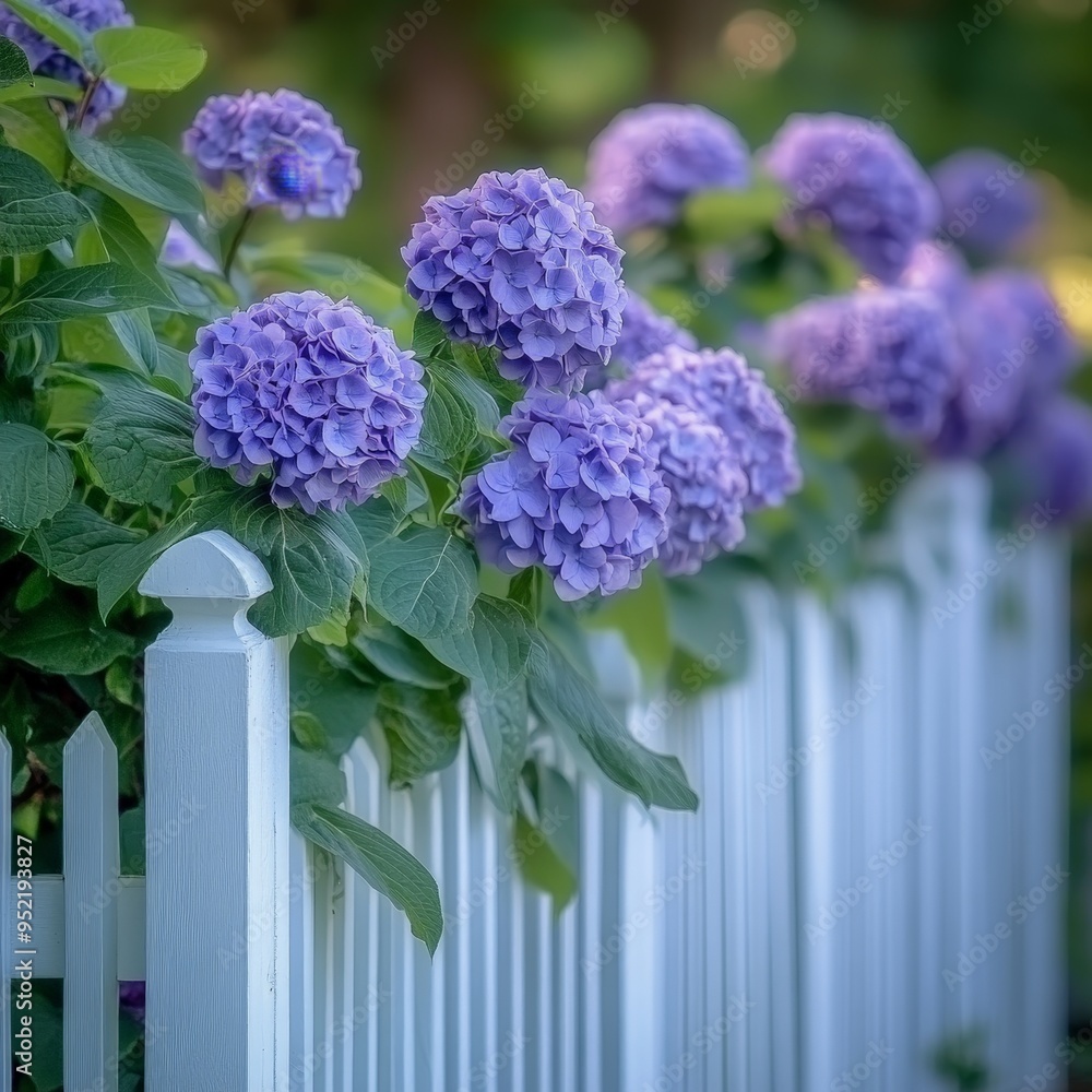Fototapeta premium White picket fence with blooming hydrangeas in a cottage garden