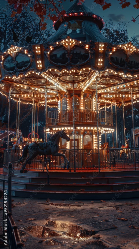 Whimsical night scene of a brightly lit carousel in an autumn park, evoking nostalgia and warmth. Whimsical night scene of a brightly lit carousel in an autumn park, evoking nostalgia and warmth.