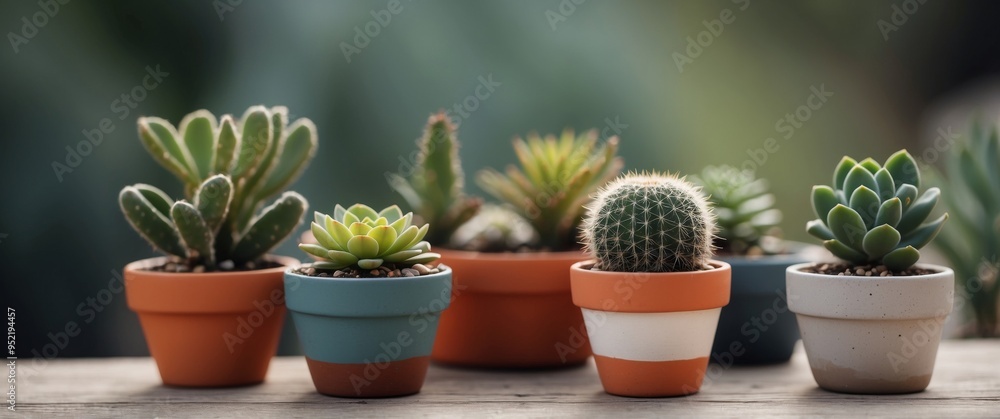 Close-up of cactus and succulents in small pots. Close-up of cactus and succulents in small pots.