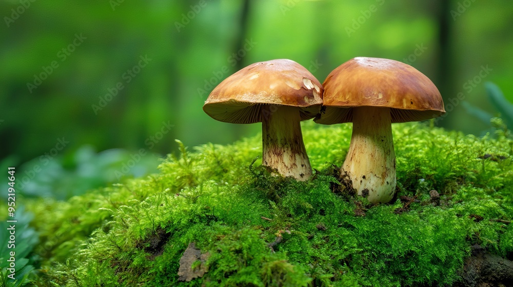 A tranquil scene of boletus mushrooms flourishing amidst the lush green moss in an ancient, enchanted forest A tranquil scene of boletus mushrooms flourishing amidst the lush green moss in an ancient, enchanted forest