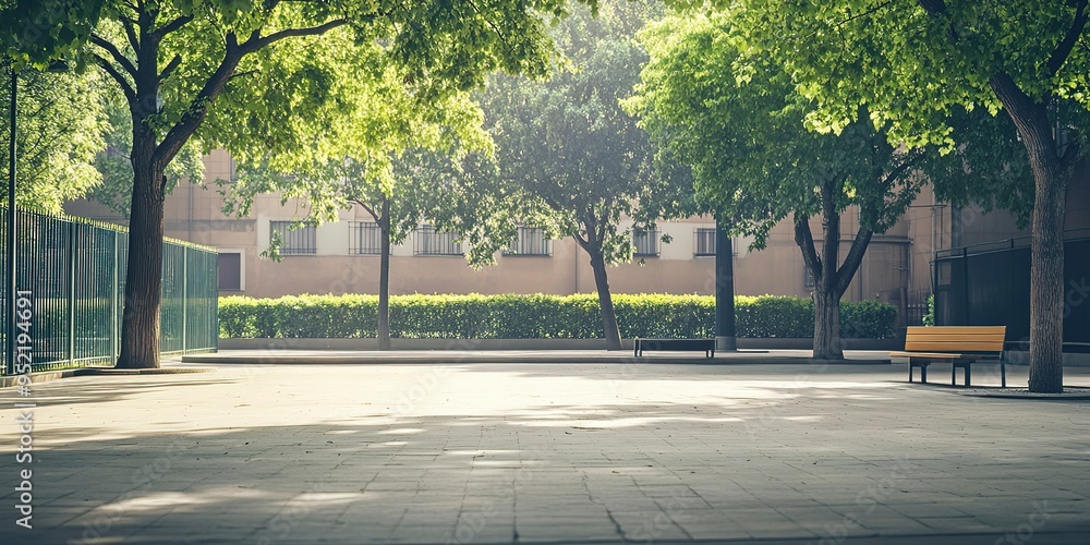 Obraz premium Empty minimal style schoolyard, nobody. Background for school website, school grounds landscaping for events.
