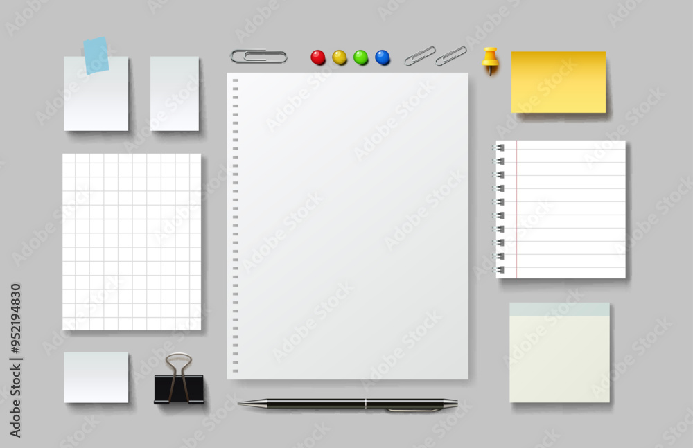 Notebook and note paper sheets, office supplies. Vector illustration Notebook and note paper sheets, office supplies. Vector illustration