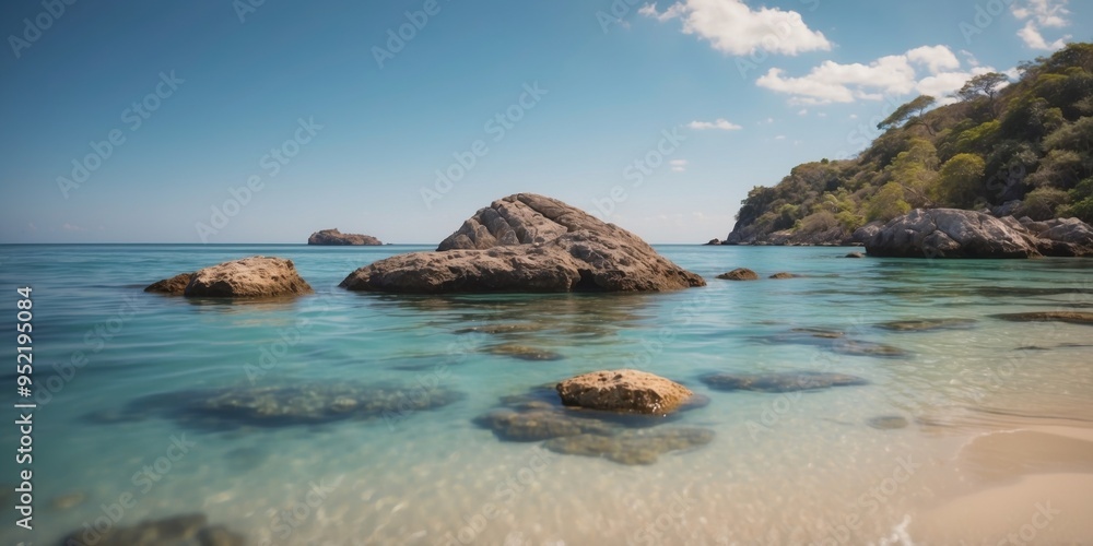A tropical beach with clear blue water and a solitary rock outcropping in the middle. A tropical beach with clear blue water and a solitary rock outcropping in the middle.