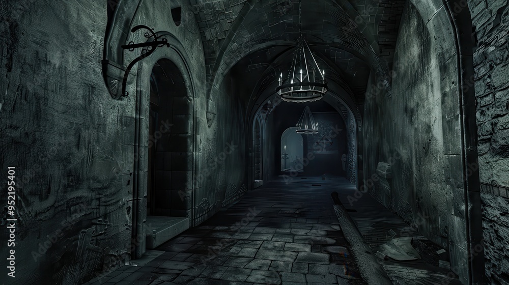 Obraz premium Eerie, dark medieval dungeon corridor with aged stone walls, dim lighting, and a haunting atmosphere perfect for spooky scenes or historical settings.