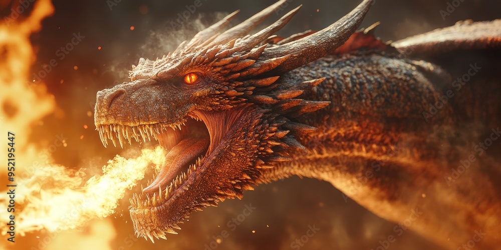 Fierce Dragon Roaring with Flames in Intense Close-Up Fierce Dragon Roaring with Flames in Intense Close-Up
