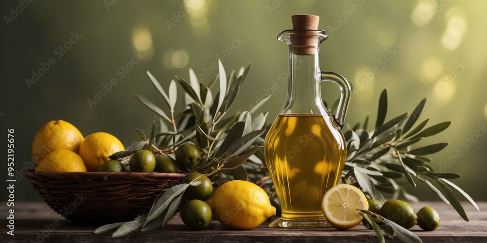 Bottles of olive oil and fresh lemons with olive branches. Bottles of olive oil and fresh lemons with olive branches.