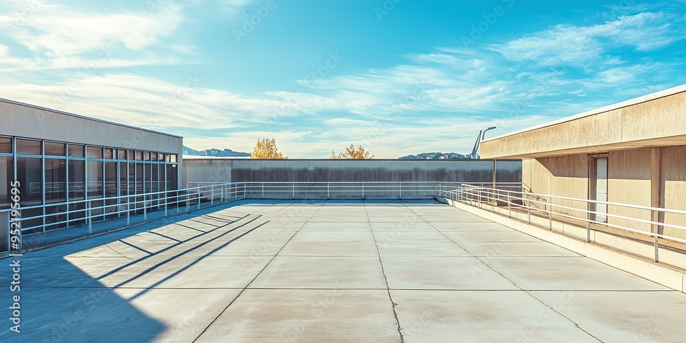 A sunny day on the roof of a school building. A rooftop view with concrete, railings and blue sky. A sunny day on the roof of a school building. A rooftop view with concrete, railings and blue sky.