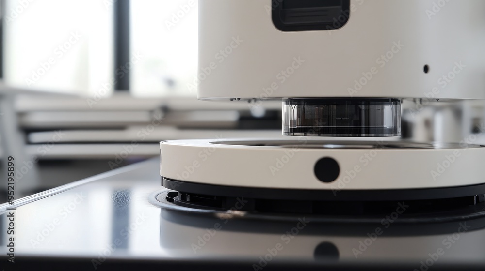 A cleaning robotas laser scanner in sharp focus, highlighting the rotating element and sensor window. A cleaning robotas laser scanner in sharp focus, highlighting the rotating element and sensor window.