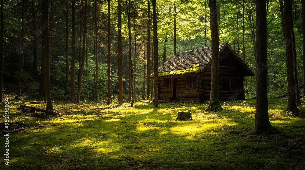 A rustic cabin nestled in the heart of the secluded forest: a tranquil retreat surrounded by verdant greenery and nature’s serenity A rustic cabin nestled in the heart of the secluded forest: a tranquil retreat surrounded by verdant greenery and nature’s serenity