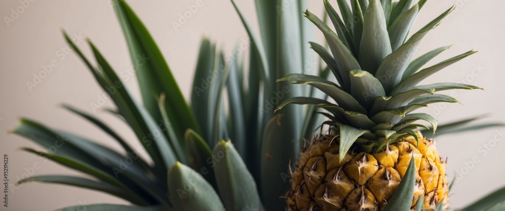 Fototapeta premium Closeup of small growing pineapple with fresh green leaves.
