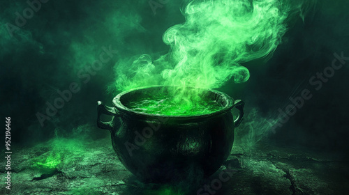 Bubbling Green Smoke from Witch’s Cauldron, Mysterious Halloween Vibes 