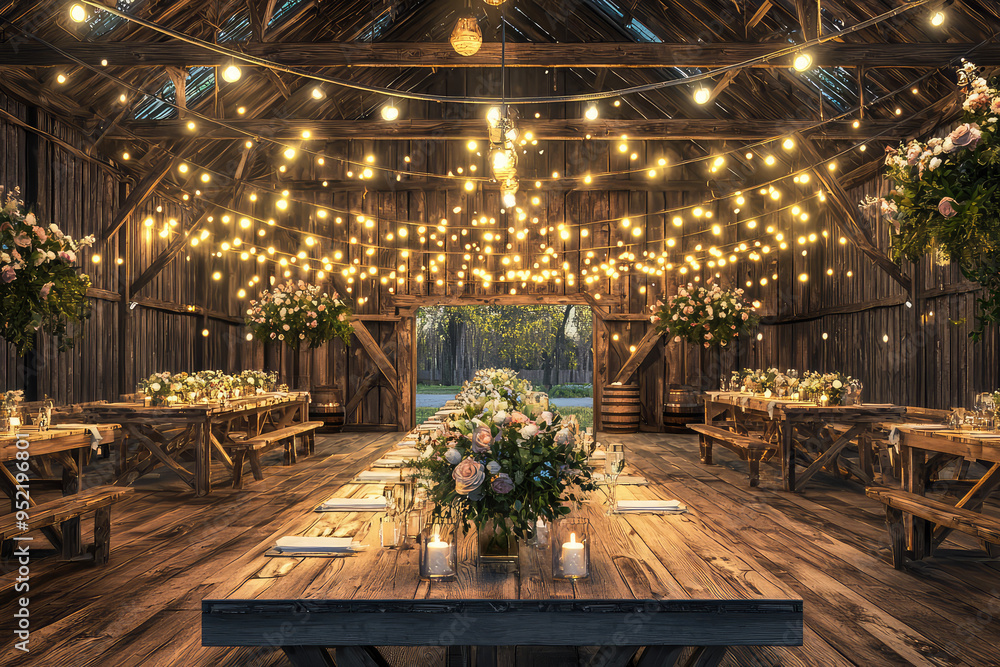 Fototapeta premium A Rustic Barn Wedding: Glowing Lights and Floral Delights Create a Magical Atmosphere.