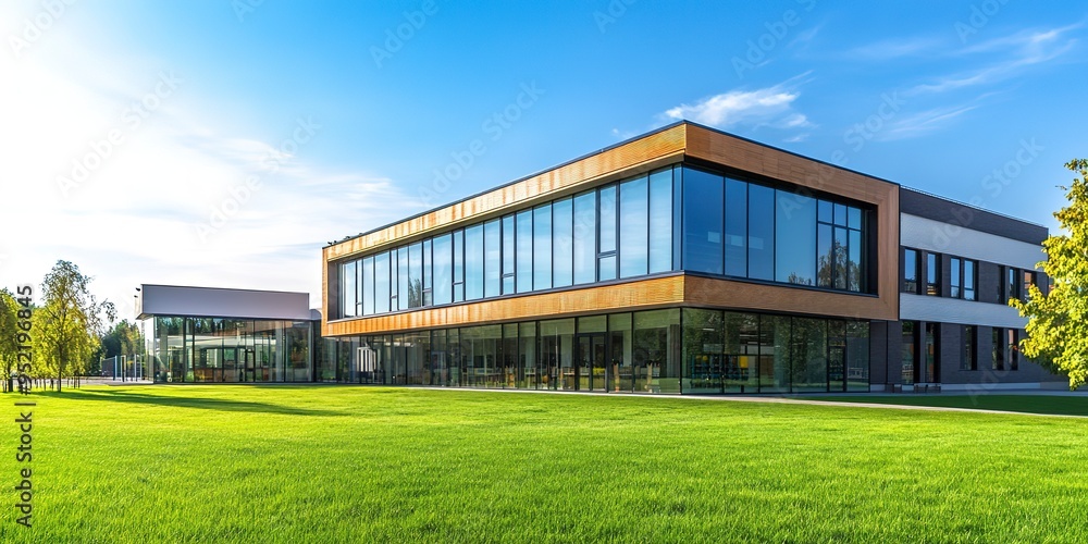 Obraz premium modern school building with large windows surrounded by green grass and blue sky 