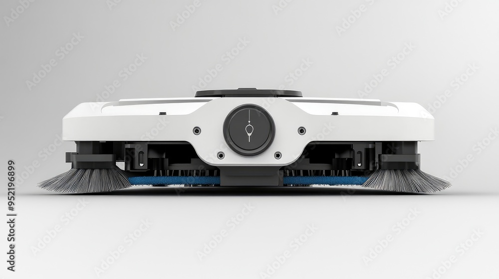 A cleaning robotas underside, focusing on the brush assembly and dirt collection channel. A cleaning robotas underside, focusing on the brush assembly and dirt collection channel.