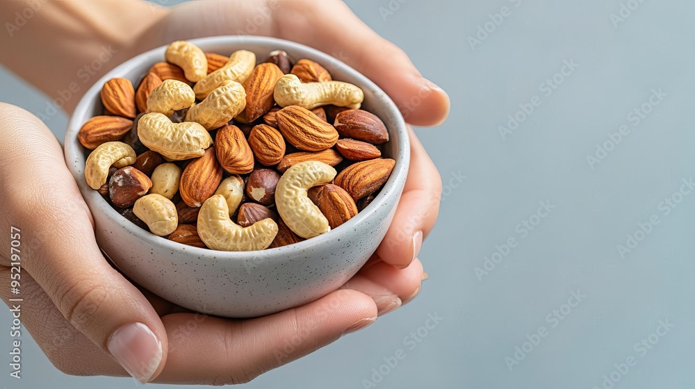 Hands holding a small bowl of mixed nuts, mindful eating, focus on texture, mindful portion size Hands holding a small bowl of mixed nuts, mindful eating, focus on texture, mindful portion size