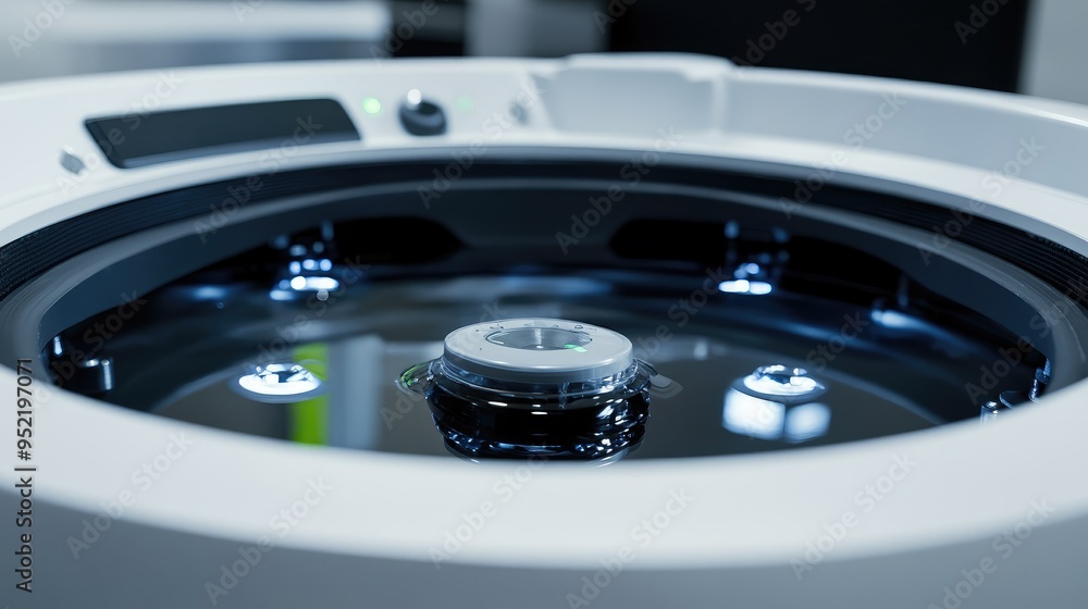 © P.G - A cleaning robotas water reservoir in sharp focus, with emphasis on the filling cap and water level indicators. © P.G - A cleaning robotas water reservoir in sharp focus, with emphasis on the filling cap and water level indicators.
