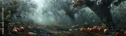 Misty orchard with fallen apples creating a serene, atmospheric scene under ancient, gnarled trees with spreading branches.