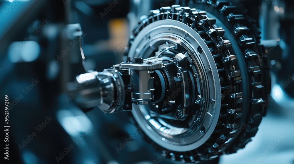 A cleaning robotas wheel assembly, with focus on the axle and tire tread in a detailed close-up. A cleaning robotas wheel assembly, with focus on the axle and tire tread in a detailed close-up.