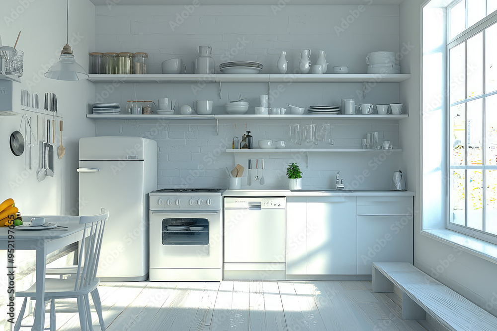 Fototapeta premium A Minimalist Kitchen Dream: White Appliances and Open Shelving in a Bright, Airy Space.