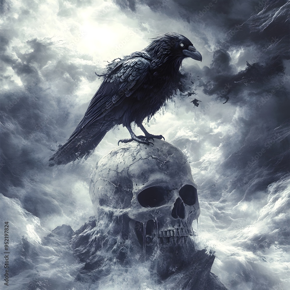 Fototapeta premium Haunting Raven Perched on Skull Amid Ominous Clouds in Dark Gothic Landscape