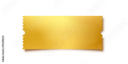 Golden ticket. Gold vector coupon, sticker or discount tag mockup isolated on white background. Cinema, theater, concert, party, event, festival invitation entrance.