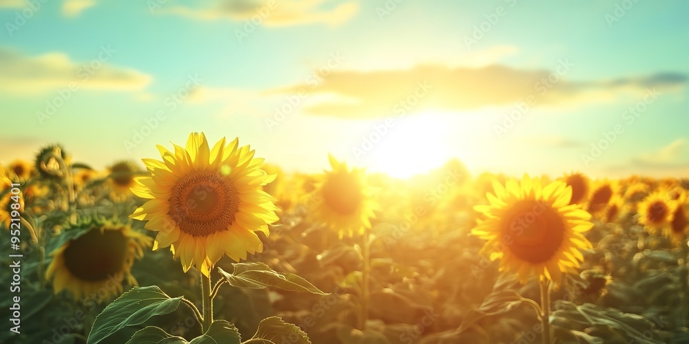 Fototapeta premium Bright sun illuminates a summer nature of sunflower field