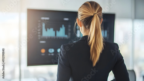 Businesswoman in modern office confidently adjusting digital dashboard on large screen, symbolizing console changes and showcasing her control and adaptability in the workplace.