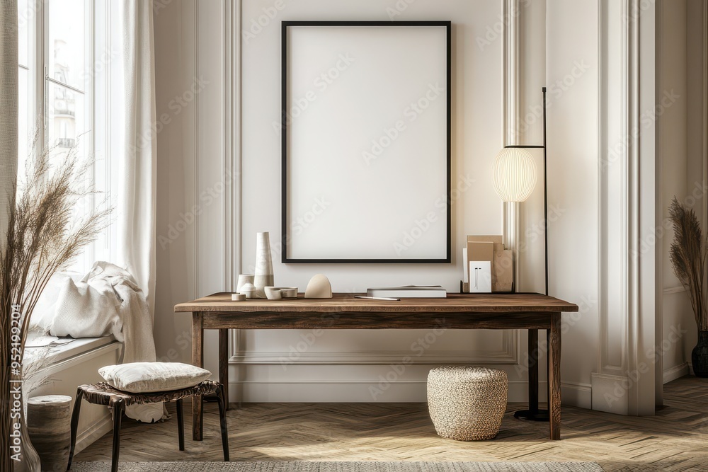A minimalist interior scene featuring a wooden table, decorative items, and soft lighting. A minimalist interior scene featuring a wooden table, decorative items, and soft lighting.