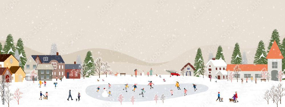 Winter Village landscape,Celebrating Christmas City Night Sky with Snowy people playing ice skate in park,Vector Xmas horizon banner New Year 2025 Winter wonderland with forest nature
