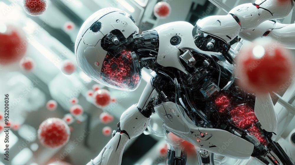 Fototapeta premium A close-up of a robot's immune system, with focus on the synthetic white blood cells and filtration mechanisms.