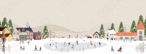 Winter Village landscape,Celebrating Christmas City Night Sky with Snowy people playing ice skate in park,Vector Xmas horizon banner New Year 2025 Winter wonderland with forest nature