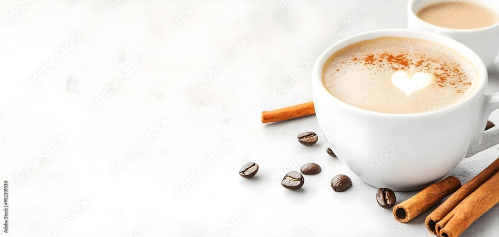 A cozy cup of coffee with a heart design, garnished with cinnamon and surrounded by coffee beans, perfect for a warm morning. A cozy cup of coffee with a heart design, garnished with cinnamon and surrounded by coffee beans, perfect for a warm morning.