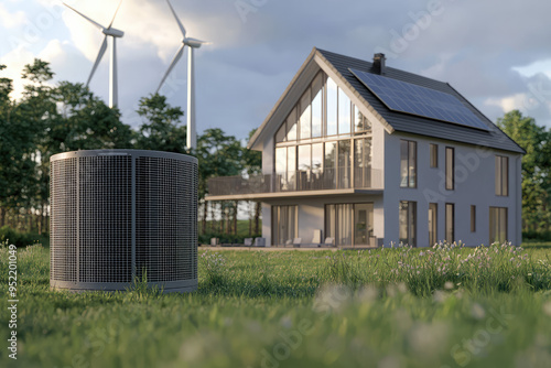 Eco-Friendly Living: A Modern Home Powered by Solar Panels, Wind Turbines, and an Air Source Heat Pump.