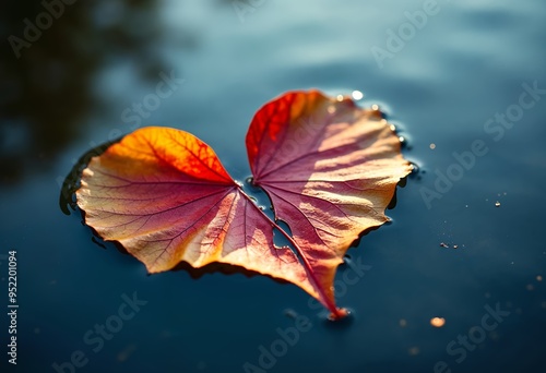 Two heart-shaped leaves float on serene water at sunset, showcasing autumn colors.