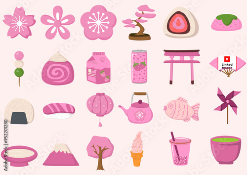 set of icons Spring Pink Japanese-Themed Cartoon Icons with Traditional and Food Elements