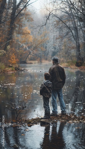 Father and Son Reflecting by a Tranquil River in Autumn - Nature, Family Bond, Memory