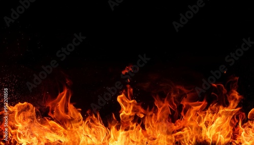 fiery inferno glow red and orange flames at the bottom of the image isolated on a black background creating a dramatic and intense fiery inferno glow