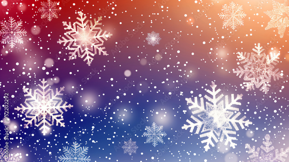 Magical winter atmosphere is created as snowflakes fall on a sparkling red and blue backdrop Magical winter atmosphere is created as snowflakes fall on a sparkling red and blue backdrop