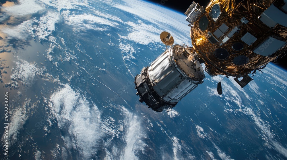 A close-up view of a satelliteas camera module, focusing on the lens and protective cover. A close-up view of a satelliteas camera module, focusing on the lens and protective cover.