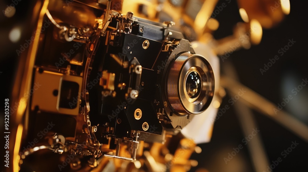 A close-up view of a satelliteas camera module, focusing on the lens and protective cover. A close-up view of a satelliteas camera module, focusing on the lens and protective cover.