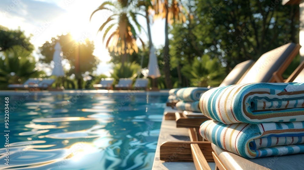 Obraz premium Luxury Hotel Pool with Palm Trees and Loungers