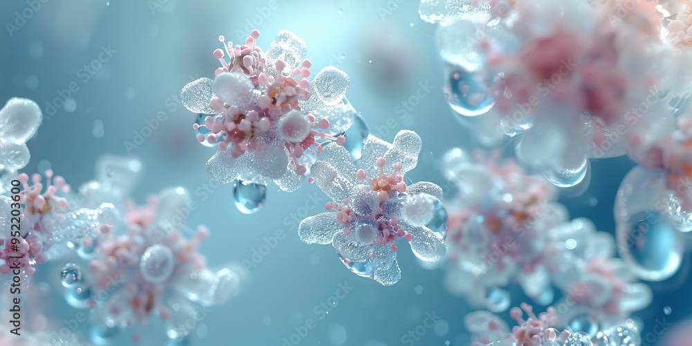 A soft and serene scene with a light blue background, featuring the molecular structure of nicotinamide mononucleotide (NMN) artistically rendered with various stylized letters A soft and serene scene with a light blue background, featuring the molecular structure of nicotinamide mononucleotide (NMN) artistically rendered with various stylized letters