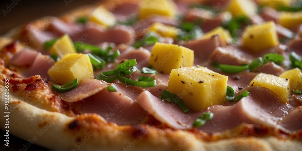 close up of a ham and pineapple pizza with green onions. close up of a ham and pineapple pizza with green onions.