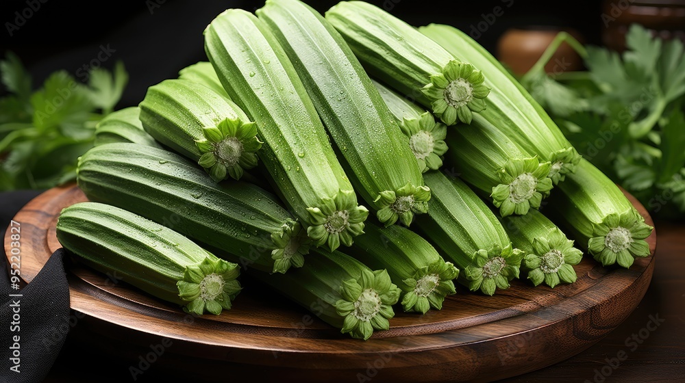 Obraz premium Close up fresh okra on wooden plate 
