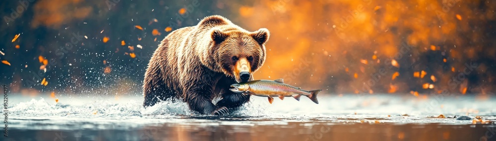 Fototapeta premium A powerful bear catching fish in a serene river setting, surrounded by autumn colors and natural beauty.