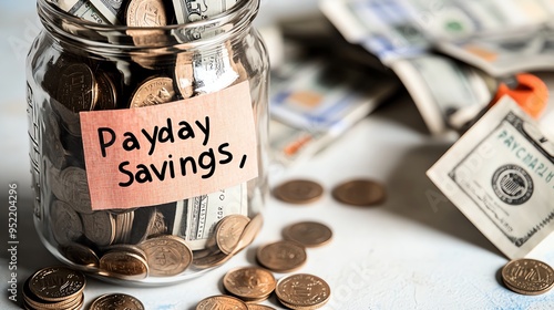 A jar labeled 'Payday Savings' filled with coins and cash, symbolizing personal finance and money management concepts.