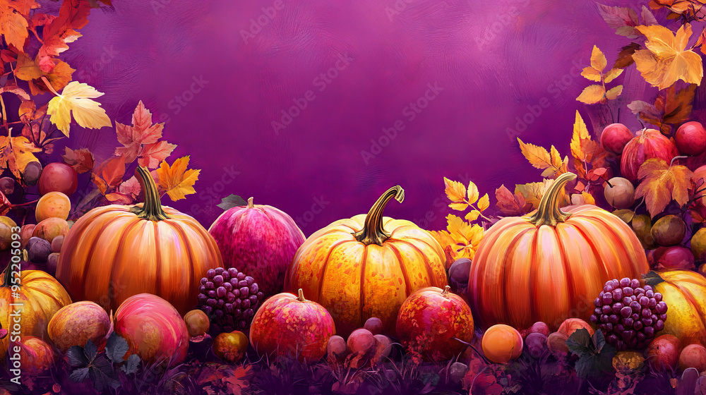 Pumpkins and Autumn Fruits on Vibrant Purple Background, Halloween Vibes
Pumpkins and Autumn Fruits on Vibrant Purple Background, Halloween Vibes