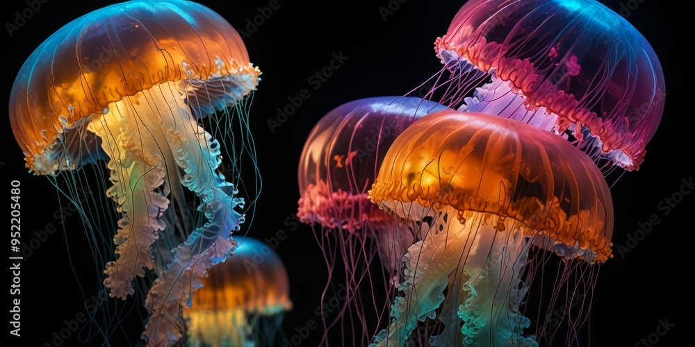 Fototapeta premium Glowing, colorful jellyfish on a black background