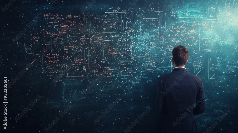 A professional man analyzing complex equations and data on a glowing chalkboard, embodying innovation and technology. A professional man analyzing complex equations and data on a glowing chalkboard, embodying innovation and technology.